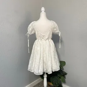 Mable White Floral Poofy Mini Dress Front Tie Puff Sleeves Coquette Y2k thumbnail 4