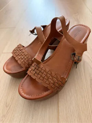 Woven Faux Leather Platform Sandals Brown Size 9 thumbnail 2
