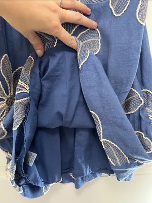 Loft Blue w/ Creme Floral Embroidered Ruffle Neckline Mini Dress - Size 10 thumbnail 6