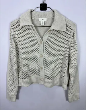 H&M Open Knit Collared Button Down Cardigan Womens Medium Ivory Tennis Prep‎ thumbnail 1