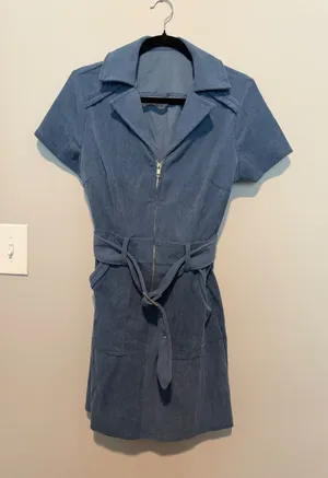 Womens Blue Corduroy Zip Front Mini Dress Short Sleeve Belted Utility Retro thumbnail 1