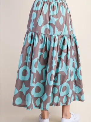 Boutique Geometric Print Tiered Maxi Skirt Taupe Turquoise Boho Resort L thumbnail 3
