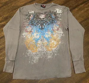 Vintage Miami Ink L/S Thermal Shirt Mens Med Gray Skull Graphic Print Y2K thumbnail 1