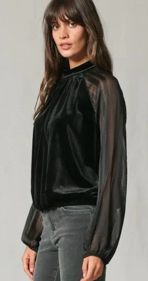 Boutique Thick Velvet Sheer long sleeve ruffle bottom sleeve top thumbnail 1