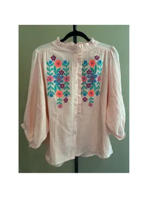 Size S Easel Los Angeles Embroidered Cotton Gauze Shirt Top in Blush thumbnail 4