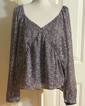 LOFT Purple & White Floral V-Neck Long Sheer Sleeve Blouse thumbnail 1
