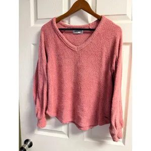 Hollister Womens Small Pink V-Neck Fuzzy Knit Balloon‎ Sleeve Sweater thumbnail 2