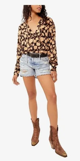 Free people Mia tunic Women's Black and Tan‎ Patterned Top small thumbnail 1