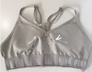 Victorias Secret PINK‎ Silver Metallic Logo Sports Bra Gray Racerback Medium thumbnail 1