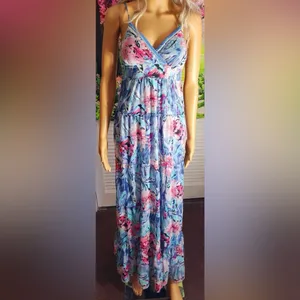Candie’s Blue Floral Empire Waist Beaded Maxi Dress Size Small Y2K thumbnail 4