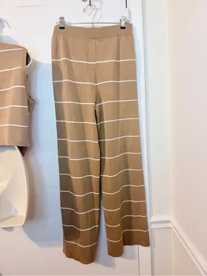 LA DIOSA L Khaki Stripe Knit Vest & Wide Leg Pants Set Gold Buttons NWT thumbnail 10