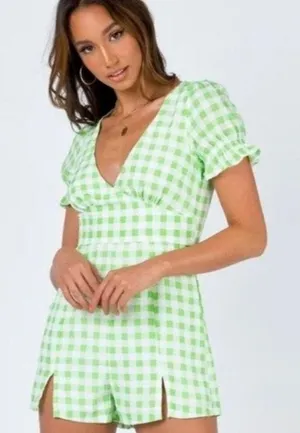 Princess Polly Gingham Shorts Romper Ruffle Short Sleeve Scoop V-Neck Zip Up 2 thumbnail 1