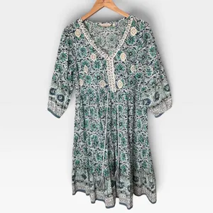 Soft Surroundings Teal Floral Block Print Tiered Midi Dress 2FW00 Small thumbnail 2