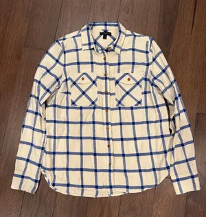 J. Crew Cream and Blue Large Windowpane Button-Down Shirt Size 10 - C1-612 thumbnail 1