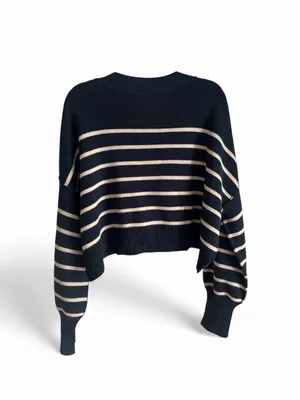 Free People Easy Street Navy and Cream Stripe Crop Pullover Sweater Size L thumbnail 5