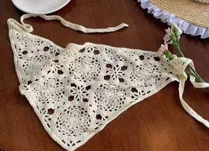 Boho Crochet Triangle Head Scarf Bandana Ivory Tie Back thumbnail 4