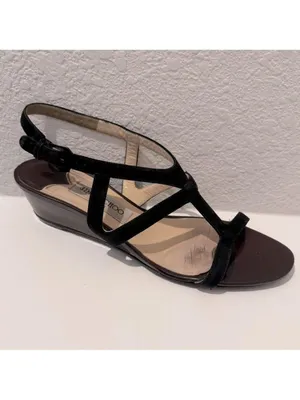 Jimmy Choo Wedge Sandals Black Suede and Chocolate Brown Patent Leather EU 39 thumbnail 1