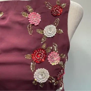 Burgundy Sleeveless Midi Dress Sequined Flowers Open Back Party Elegant Wedding thumbnail 12