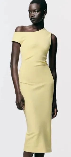 NWT ZARA Pale Yellow Asymmetric Ruched Midi Dress - Size Small thumbnail 1