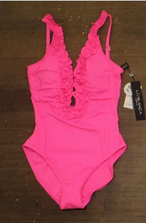 La Blanca Womens Island Goddess Ruffled Plunge One Piece Swimsuit Bright Pink 4 thumbnail 1