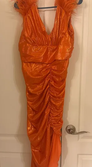 Loragal Shiny Orange with faux fur on the shoulders Dress! NWT! thumbnail 1