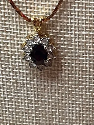 Gold Ruby Red Oval Gemstone Halo Pendant Necklace thumbnail 3