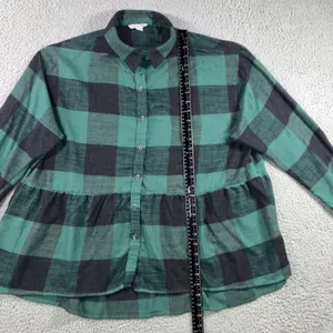 American Eagle Button Up Shirt Women XL Green Buffalo Plaid Peplum L/S Boho Chic thumbnail 6