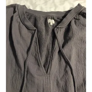 Aerie Gauze Fleece Pullover Boho Gray V-Neck Tassel Tie‎ Large thumbnail 4