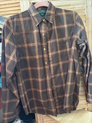 Lauren Ralph Lauren Brown Plaid Casual Snap Front Shirt Petite Small thumbnail 1
