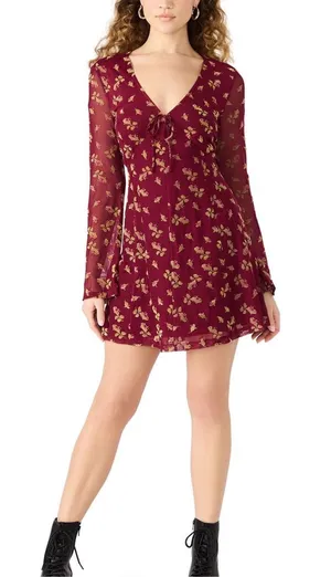 Betsey Johnson Women’s Babydoll Mini Dress L Burgundy Floral Long Sleeve NWT thumbnail 1