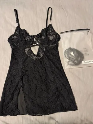 Shein Small Black Lace Mesh High Slit Mini Lingerie Dress, Rhinestone Wired Cups thumbnail 4