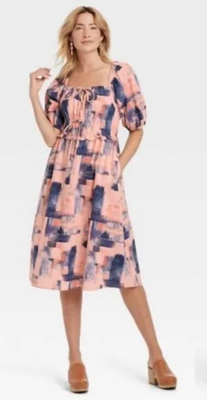 Universal Thread Brushstroke Midi Dress Puff Sleeve‎ Peasant Style Size M thumbnail 1