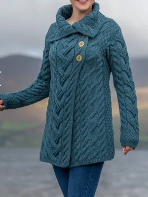 Aran Woollen Mills 3 Button Long Supersoft Merino Wool Cableknit Cardigan Blue thumbnail 7