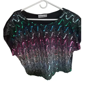 Vintage Caribou Rainbow Sequin Metallic Knit Crop Top Black Multi Festival Disco thumbnail 1