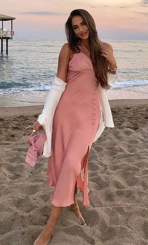 dress wedding maxi midi satin effect buttons wrapped gown Bridal coctail thumbnail 1