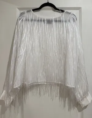 Women's White Fringe Long-Sleeve Blouse — Designer-Inspired thumbnail 1