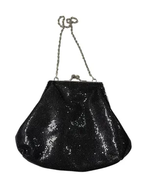 La Regale Black Sequin Evening Bag‎ Silver Kiss Lock Clasp Chain Strap Vintage thumbnail 1