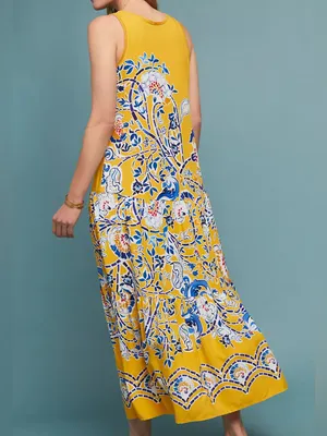 Anthropologie Maeve Puebla Printed Tiered Maxi Dress Yellow Blue Medium thumbnail 2