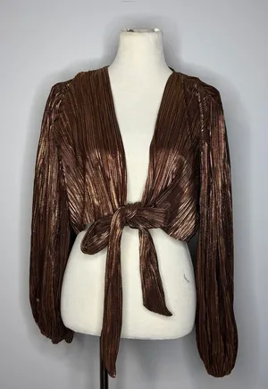 Molly Green- Brown Ribbed Long Sleeve Font Tie Blouse thumbnail 1