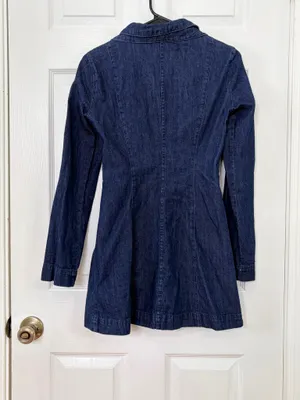 ZARA Dark Wash Denim Mini Dress XS Bow Tie Neck Casual Coquette Preppy Shirt NWT thumbnail 3