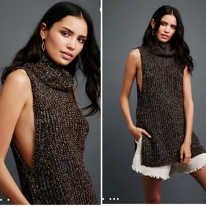 Free People Valentina Tunic Turtleneck Sweater Vest, Side Snaps, Browns thumbnail 3