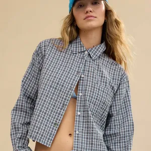 Aerie Plaid Cropped Button Up Shirt Womens XS Blue‎ Grey Long Sleeve Casual thumbnail 1