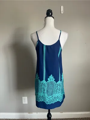 Navy Blue & Teal Graphic Print Mini Slip Dress Sz M thumbnail 4