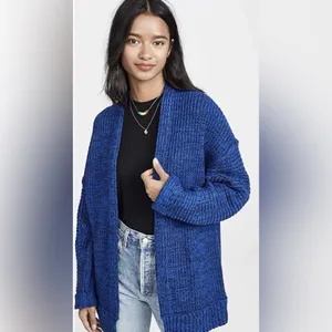 Free People High Hopes Chunky Knit Open‎ Front Cardigan in Blue Combo Size Large thumbnail 4