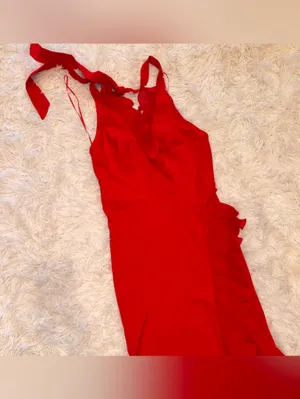 NEW Dress The Population Kathleen Ruffle Halter Gown with Train Rogue Red Sz S thumbnail 5