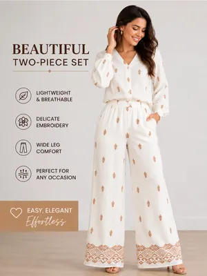 NWT Cream Aztec Print V-Neck Top & Wide Leg Pants Set L thumbnail 4