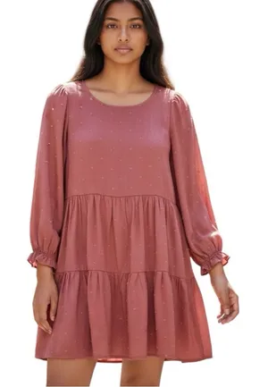 Anthropologie Rust Swiss Dot Tiered Mini Dress Long Sleeve Babydoll M thumbnail 1