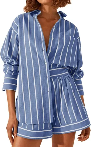 Striped Shirt Matching Shorts Sets Blue Size XL thumbnail 1