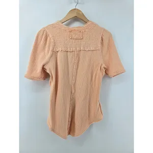 We‎ The Free T-Shirt Womens L Waffle Knit Smocked Yoke Peach Short Sleeve thumbnail 2