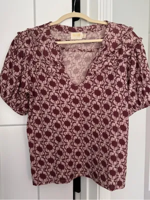 Nation LTD Judith Tee Ikat Floral Notch Neck Puff Sleeve Top‎ Mauve Top thumbnail 3